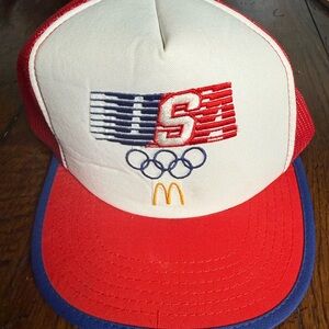 Vintage 80s McDonald's Red, White & Blue Embroidered Olympic Logo Trucker Hat
